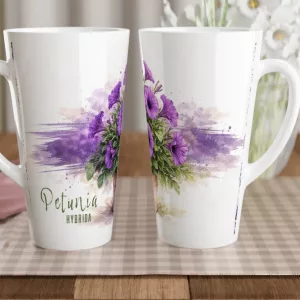 Petunie Latte Tasse 440 ml mit violetten Petunien im Terrakottatopf im botanischen Aquarellstil