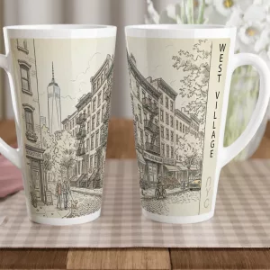 West Village Latte Tasse 440 ml mit gezeichneter New Yorker Straßenszene im ruhigen Aquarellstil
