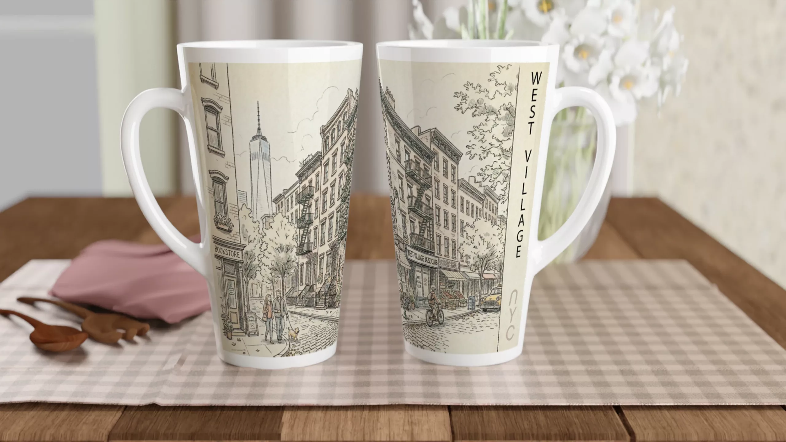 West Village Latte Tasse 440 ml mit gezeichneter New Yorker Straßenszene im ruhigen Aquarellstil West Village Latte Tasse 440 ml mit gezeichneter New Yorker Straßenszene im ruhigen Aquarellstil