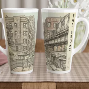 Bronx Latte Tasse 440 ml mit gezeichneter New Yorker Straßenszene, Hochbahn, Bodega und Basketballcourt im urbanen Aquarellstil