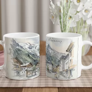 Chamonix Tasse 330 ml mit Alpenpanorama, Bergdorf und schneebedeckter Bergkulisse im Aquarellstil