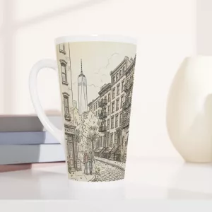 West Village Latte Tasse 440 ml mit gezeichneter New Yorker Straßenszene im ruhigen Aquarellstil
