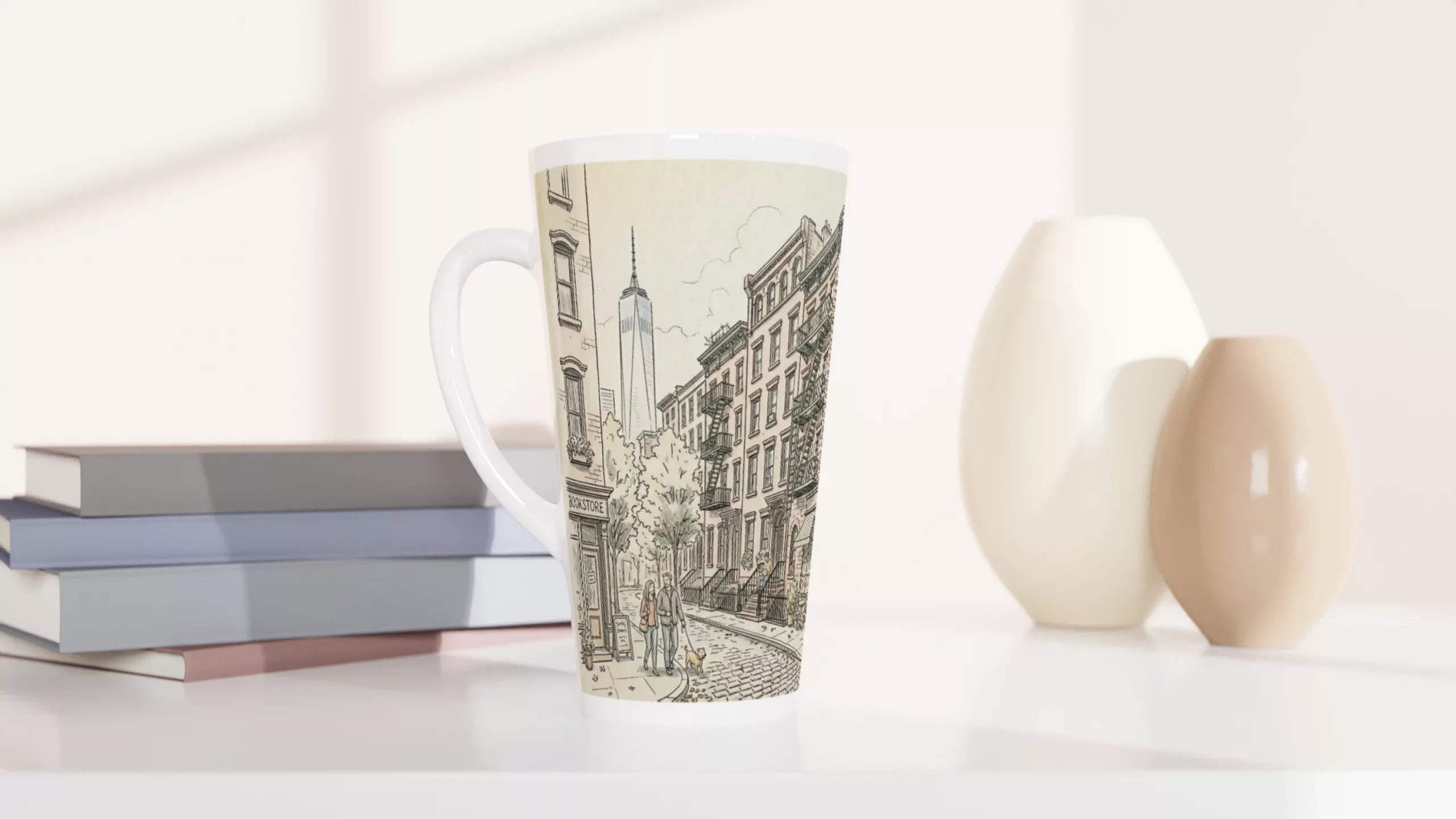 West Village Latte Tasse 440 ml mit gezeichneter New Yorker Straßenszene im ruhigen Aquarellstil West Village Latte Tasse 440 ml mit gezeichneter New Yorker Straßenszene im ruhigen Aquarellstil