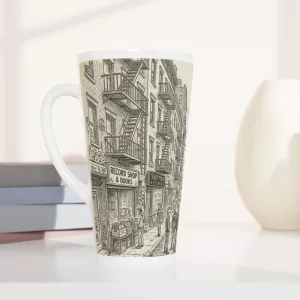 East Village Latte Tasse 440 ml mit gezeichneter New Yorker Straßenszene, Feuerleitern, Record Shop und Urban-Sketch-Optik