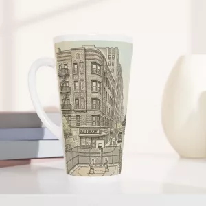 Bronx Latte Tasse 440 ml mit gezeichneter New Yorker Straßenszene, Hochbahn, Bodega und Basketballcourt im urbanen Aquarellstil