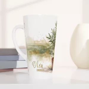 Olivenbaum Latte Tasse 440 ml mit feinen Olivenzweigen und Terrakottatopf im botanischen Aquarellstil