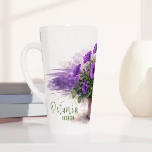 Petunie Latte Tasse 440 ml mit violetten Petunien im Terrakottatopf im botanischen Aquarellstil