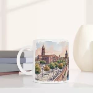 Toulouse Tasse 330 ml aus weißer Keramik mit Aquarellmotiv von Pont Neuf, Garonne, Altstadt und Backsteinarchitektur in warmen Pastelltönen